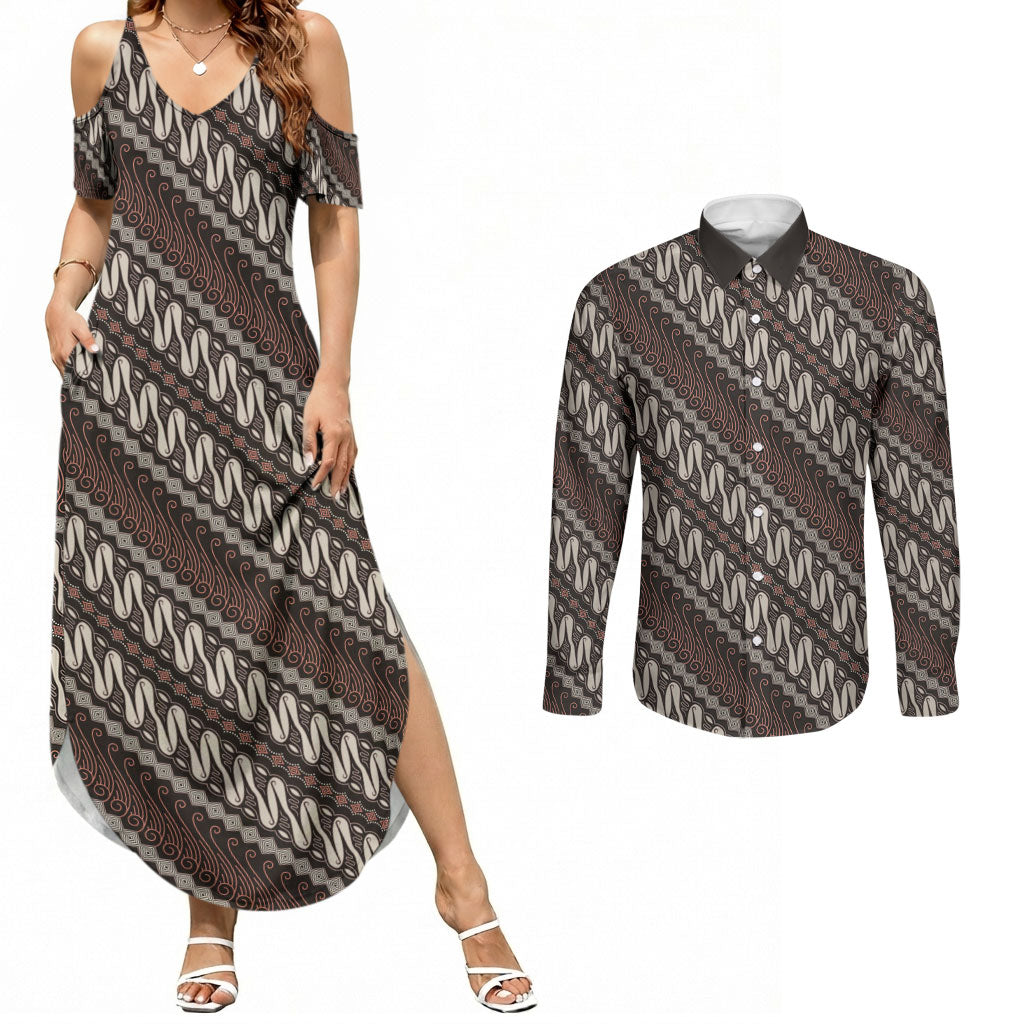 Yogyakarta Parang Batik Motifs Couples Matching Summer Maxi Dress and Long Sleeve Button Shirt Indonesian Traditional Pattern LT01 Brown - Polynesian Pride