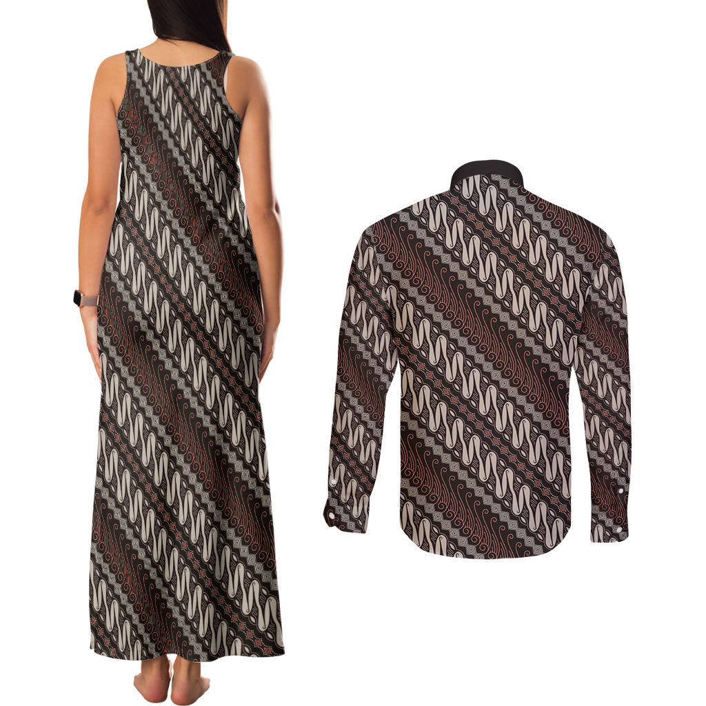 Yogyakarta Parang Batik Motifs Couples Matching Tank Maxi Dress and Long Sleeve Button Shirt Indonesian Traditional Pattern LT01 - Polynesian Pride