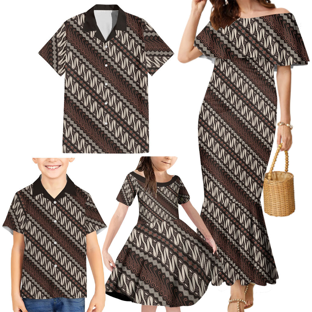 Yogyakarta Parang Batik Motifs Family Matching Mermaid Dress and Hawaiian Shirt Indonesian Traditional Pattern