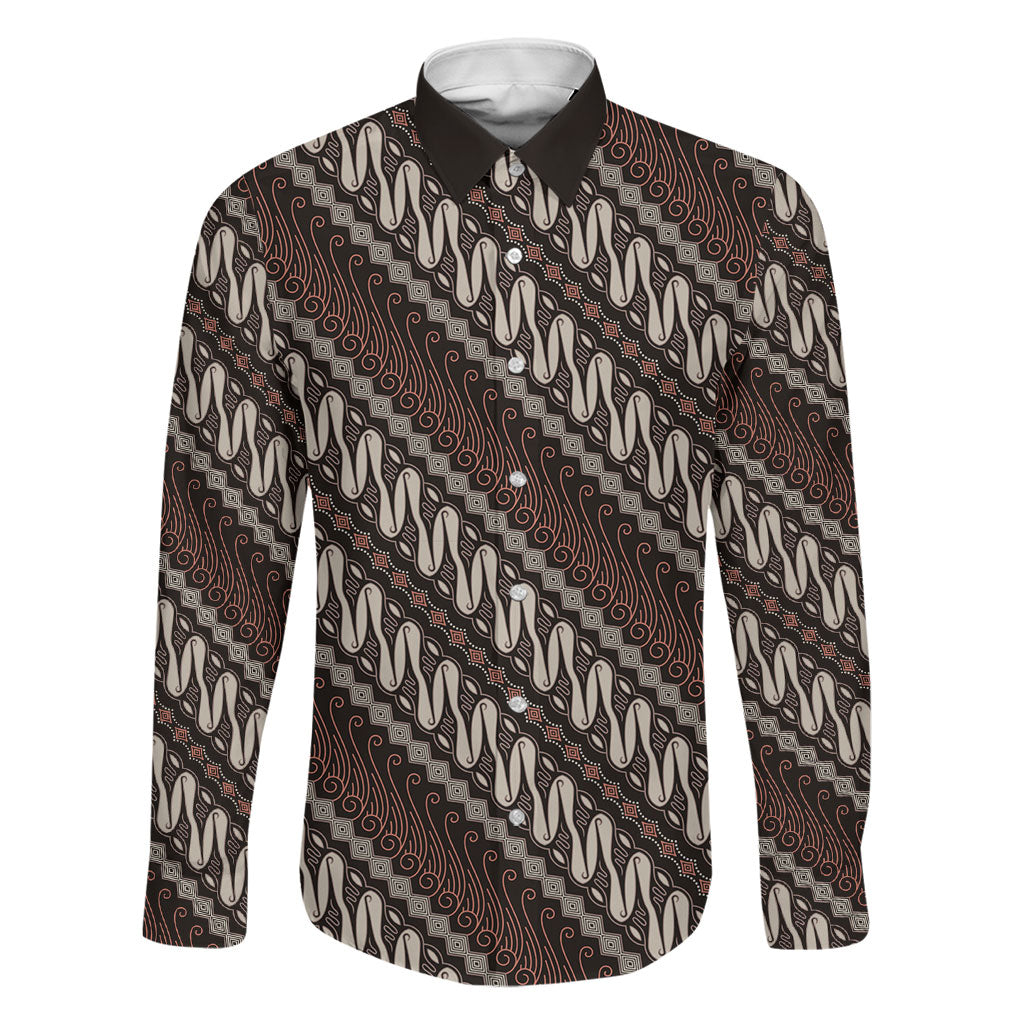 Yogyakarta Parang Batik Motifs Family Matching Mermaid Dress and Hawaiian Shirt Indonesian Traditional Pattern LT01 Dad's Shirt - Long Sleeve Brown - Polynesian Pride