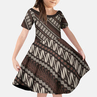 Yogyakarta Parang Batik Motifs Family Matching Off The Shoulder Long Sleeve Dress and Hawaiian Shirt Indonesian Traditional Pattern LT01 Daughter's Dress Brown - Polynesian Pride
