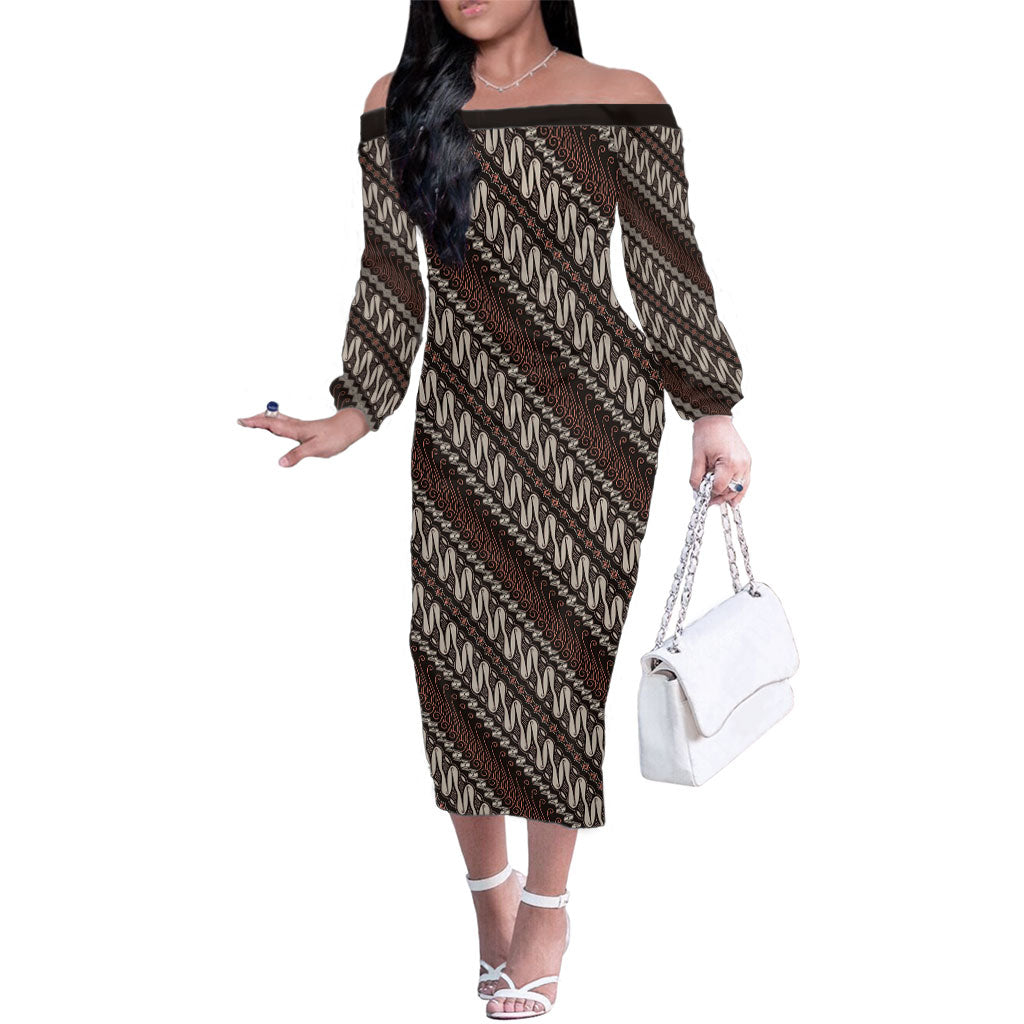 Yogyakarta Parang Batik Motifs Family Matching Off The Shoulder Long Sleeve Dress and Hawaiian Shirt Indonesian Traditional Pattern LT01 Mom's Dress Brown - Polynesian Pride