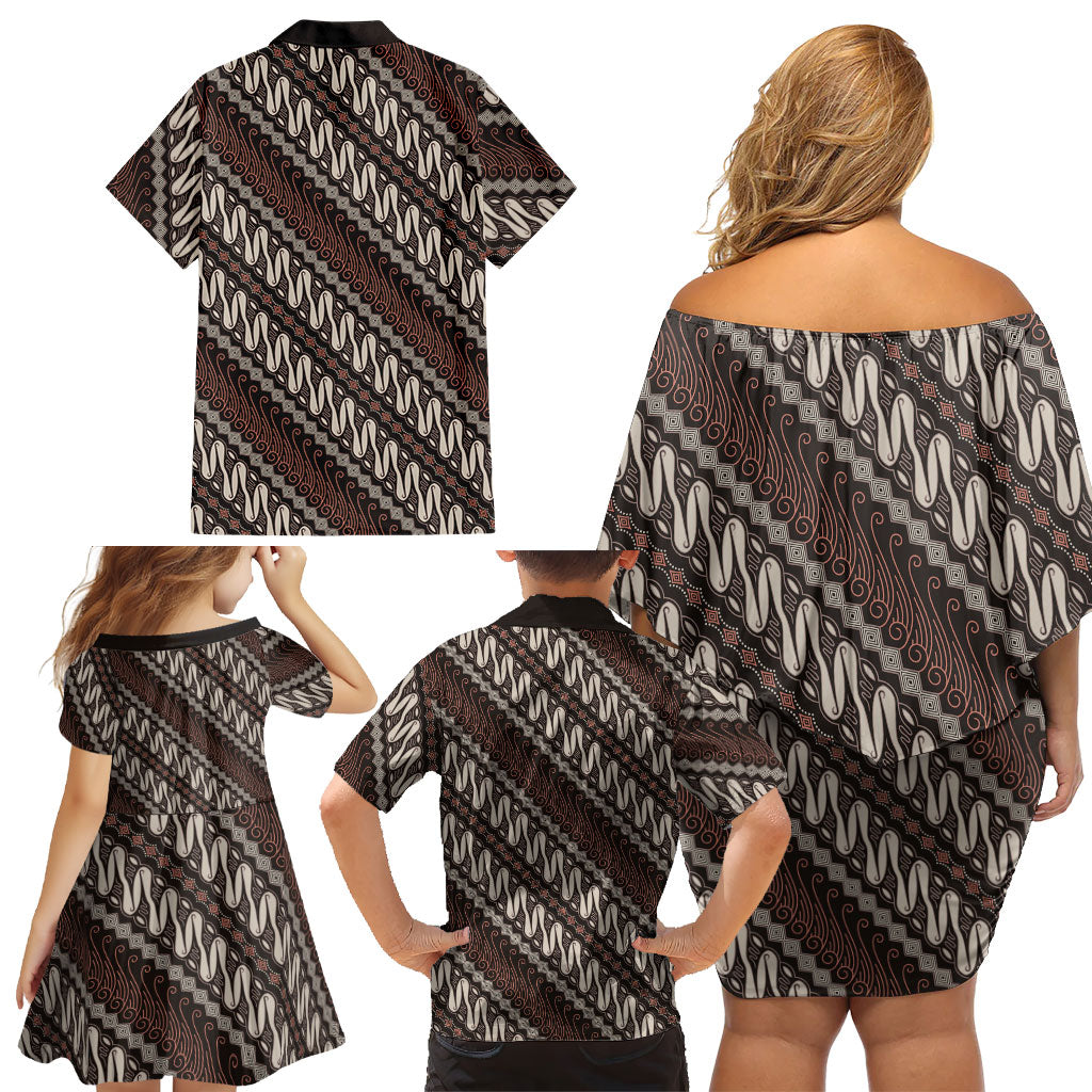 Yogyakarta Parang Batik Motifs Family Matching Off Shoulder Short Dress and Hawaiian Shirt Indonesian Traditional Pattern LT01 - Polynesian Pride