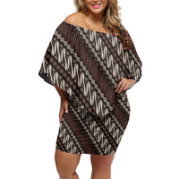 Yogyakarta Parang Batik Motifs Family Matching Off Shoulder Short Dress and Hawaiian Shirt Indonesian Traditional Pattern LT01 Mom's Dress Brown - Polynesian Pride