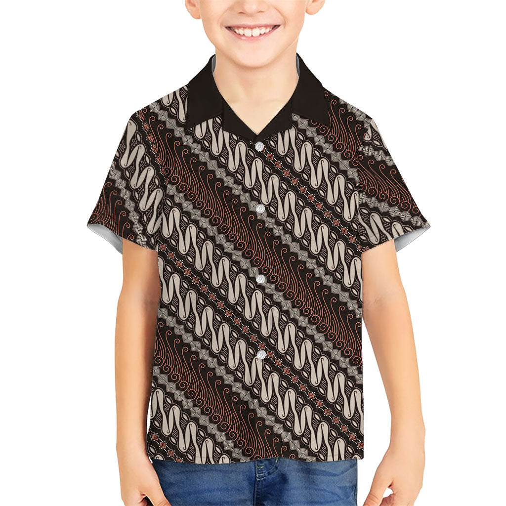 Yogyakarta Parang Batik Motifs Family Matching Off Shoulder Short Dress and Hawaiian Shirt Indonesian Traditional Pattern LT01 Son's Shirt Brown - Polynesian Pride