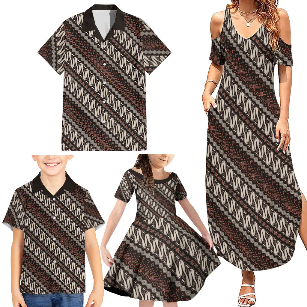Yogyakarta Parang Batik Motifs Family Matching Summer Maxi Dress and Hawaiian Shirt Indonesian Traditional Pattern