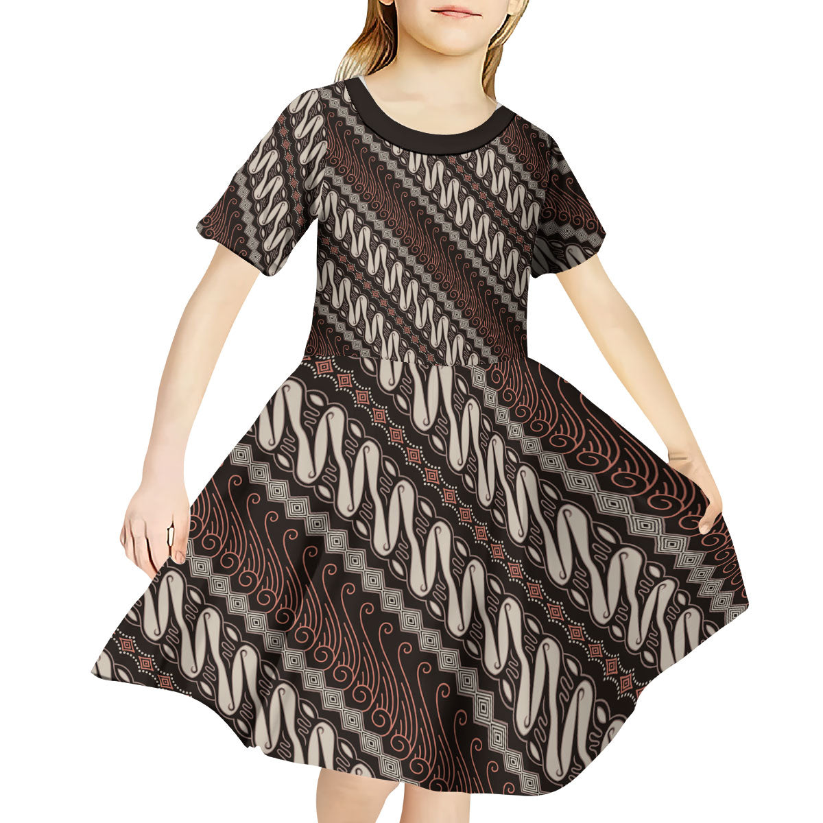 Yogyakarta Parang Batik Motifs Kid Short Sleeve Dress Indonesian Traditional Pattern