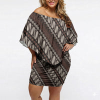 Yogyakarta Parang Batik Motifs Off Shoulder Short Dress Indonesian Traditional Pattern LT01 Women Brown - Polynesian Pride