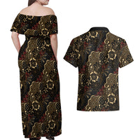Batik Sekar Jagad Couples Matching Off Shoulder Maxi Dress and Hawaiian Shirt Indonesian Traditional Pattern