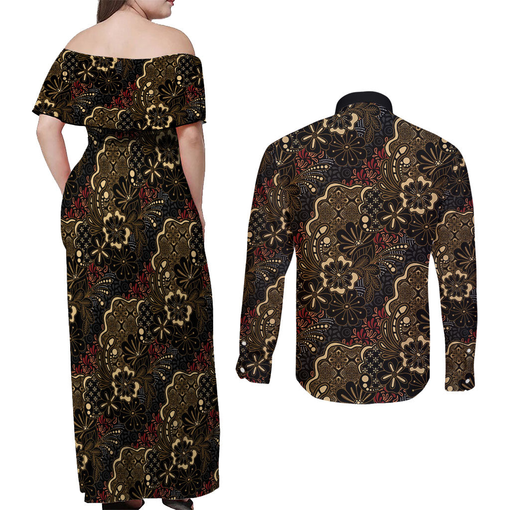 Batik Sekar Jagad Couples Matching Off Shoulder Maxi Dress and Long Sleeve Button Shirt Indonesian Traditional Pattern