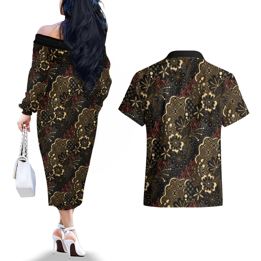 Batik Sekar Jagad Couples Matching Off The Shoulder Long Sleeve Dress and Hawaiian Shirt Indonesian Traditional Pattern