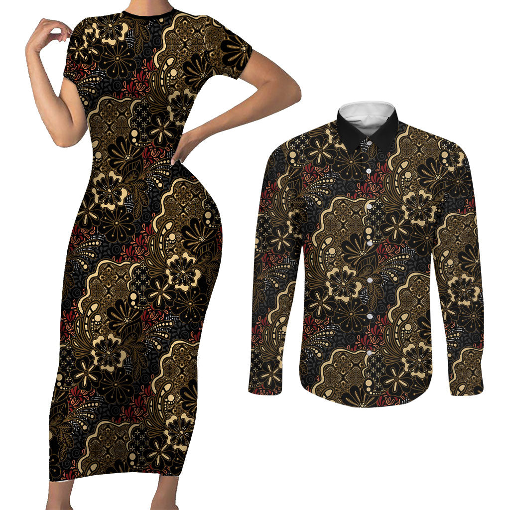 Batik Sekar Jagad Couples Matching Short Sleeve Bodycon Dress and Long Sleeve Button Shirt Indonesian Traditional Pattern