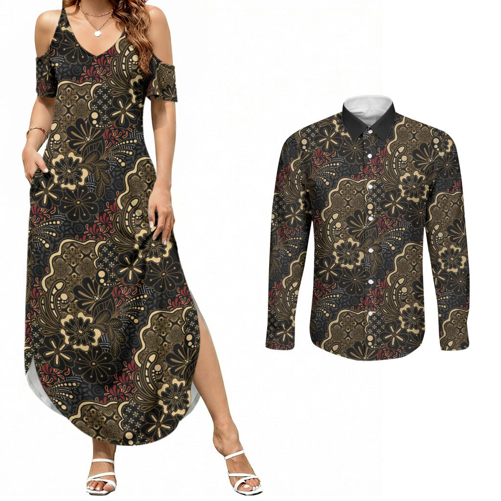 Batik Sekar Jagad Couples Matching Summer Maxi Dress and Long Sleeve Button Shirt Indonesian Traditional Pattern LT01 Black - Polynesian Pride