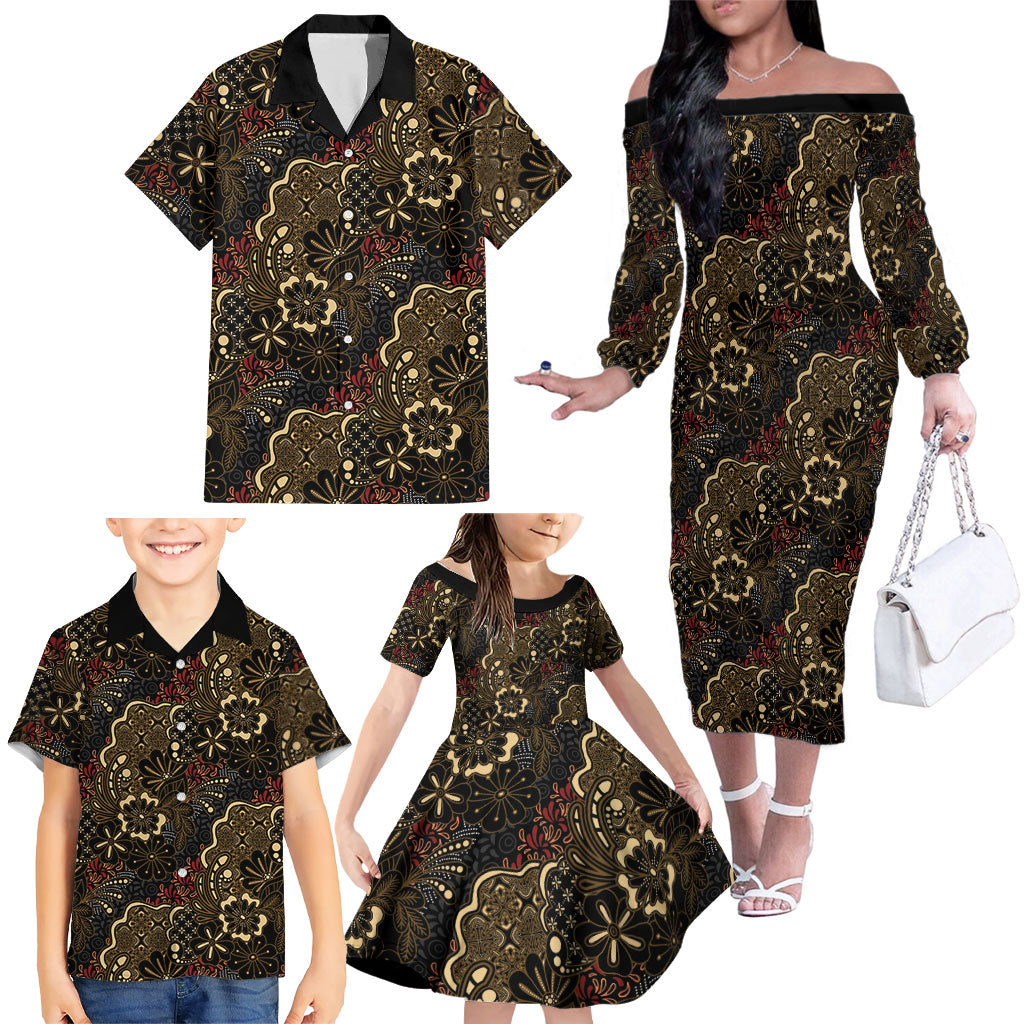 Batik Sekar Jagad Family Matching Off The Shoulder Long Sleeve Dress and Hawaiian Shirt Indonesian Traditional Pattern LT01 - Polynesian Pride
