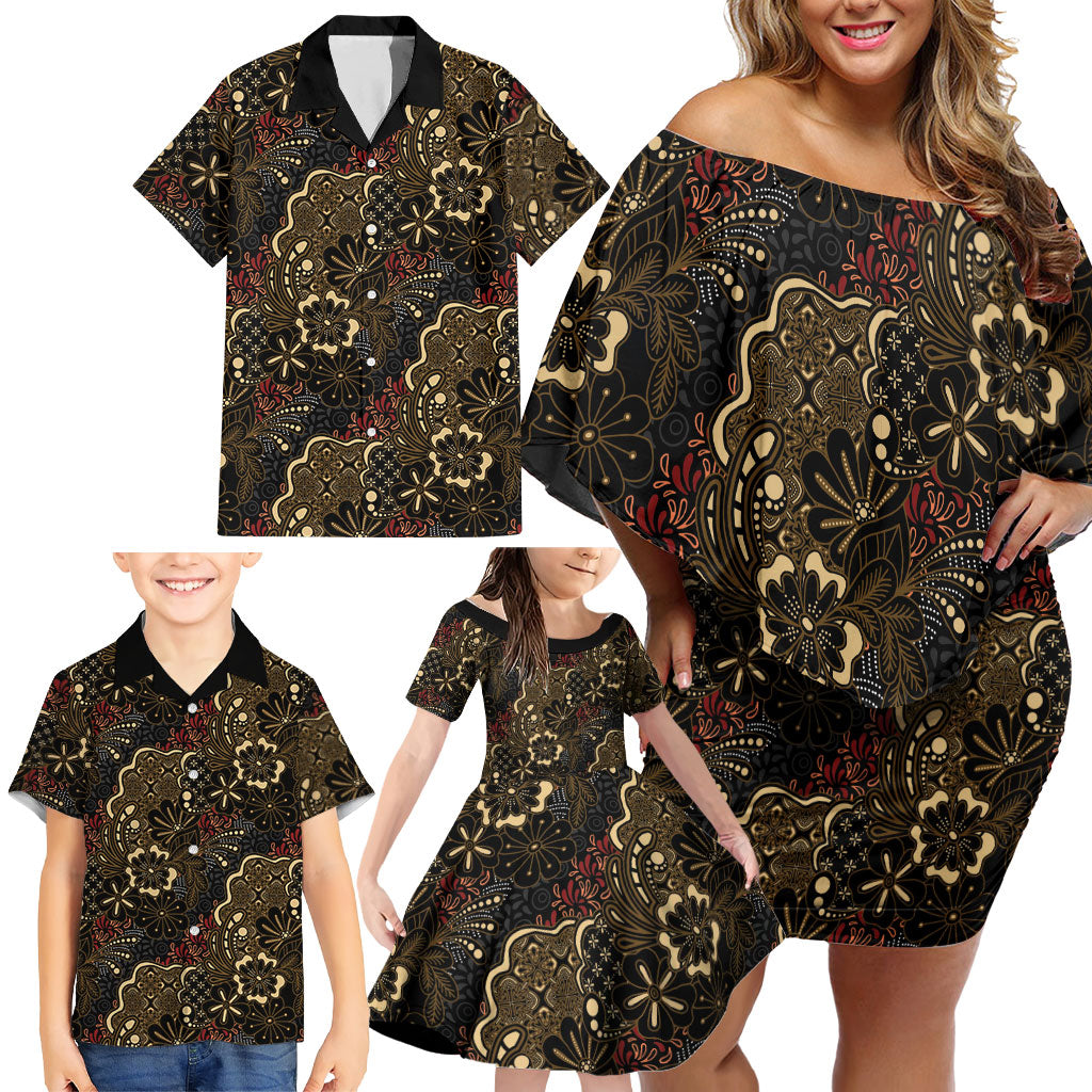 Batik Sekar Jagad Family Matching Off Shoulder Short Dress and Hawaiian Shirt Indonesian Traditional Pattern LT01 - Polynesian Pride
