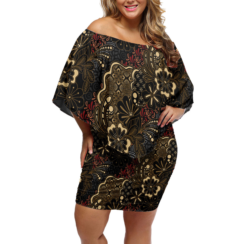 Batik Sekar Jagad Family Matching Off Shoulder Short Dress and Hawaiian Shirt Indonesian Traditional Pattern LT01 Mom's Dress Black - Polynesian Pride