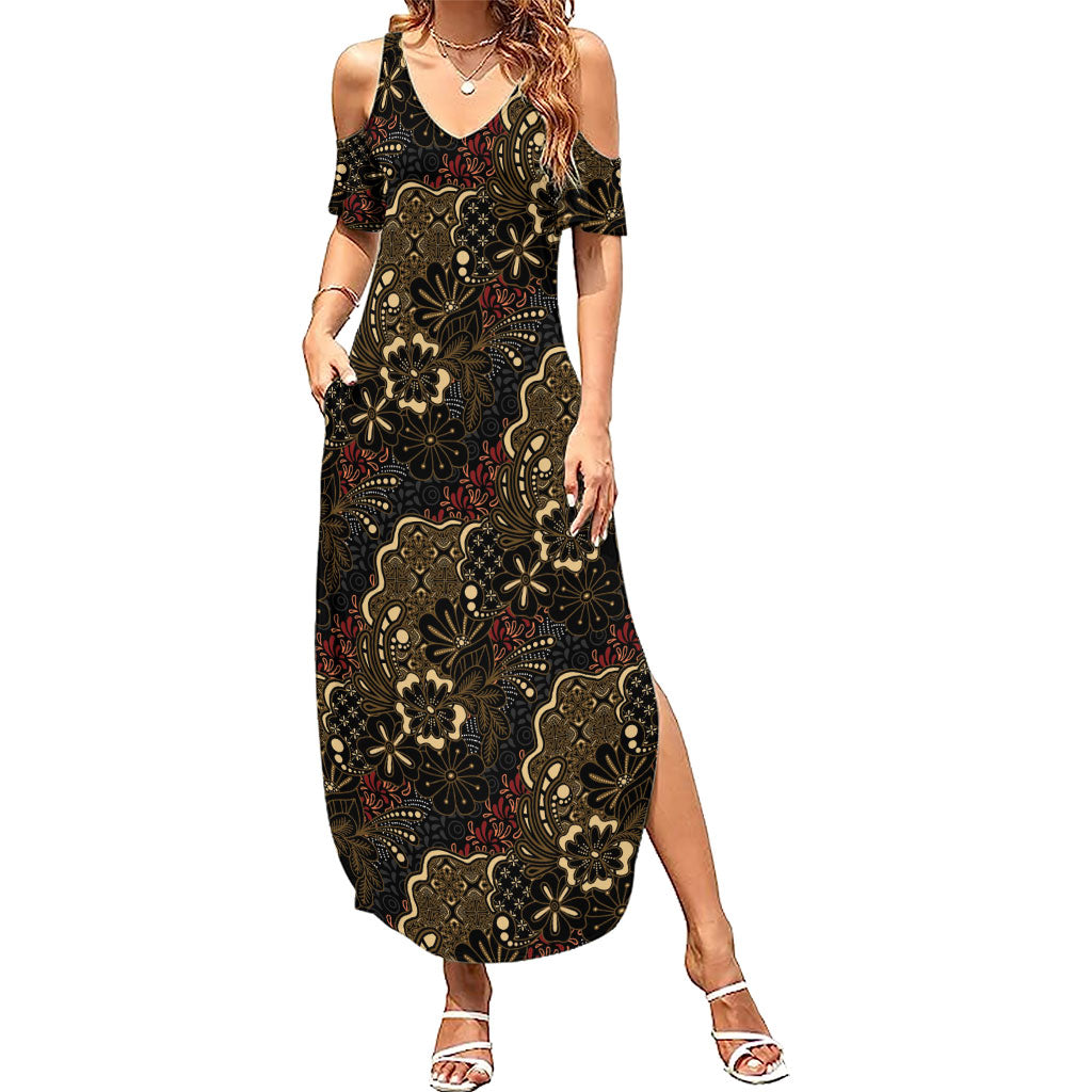 Batik Sekar Jagad Family Matching Summer Maxi Dress and Hawaiian Shirt Indonesian Traditional Pattern LT01 Mom's Dress Black - Polynesian Pride