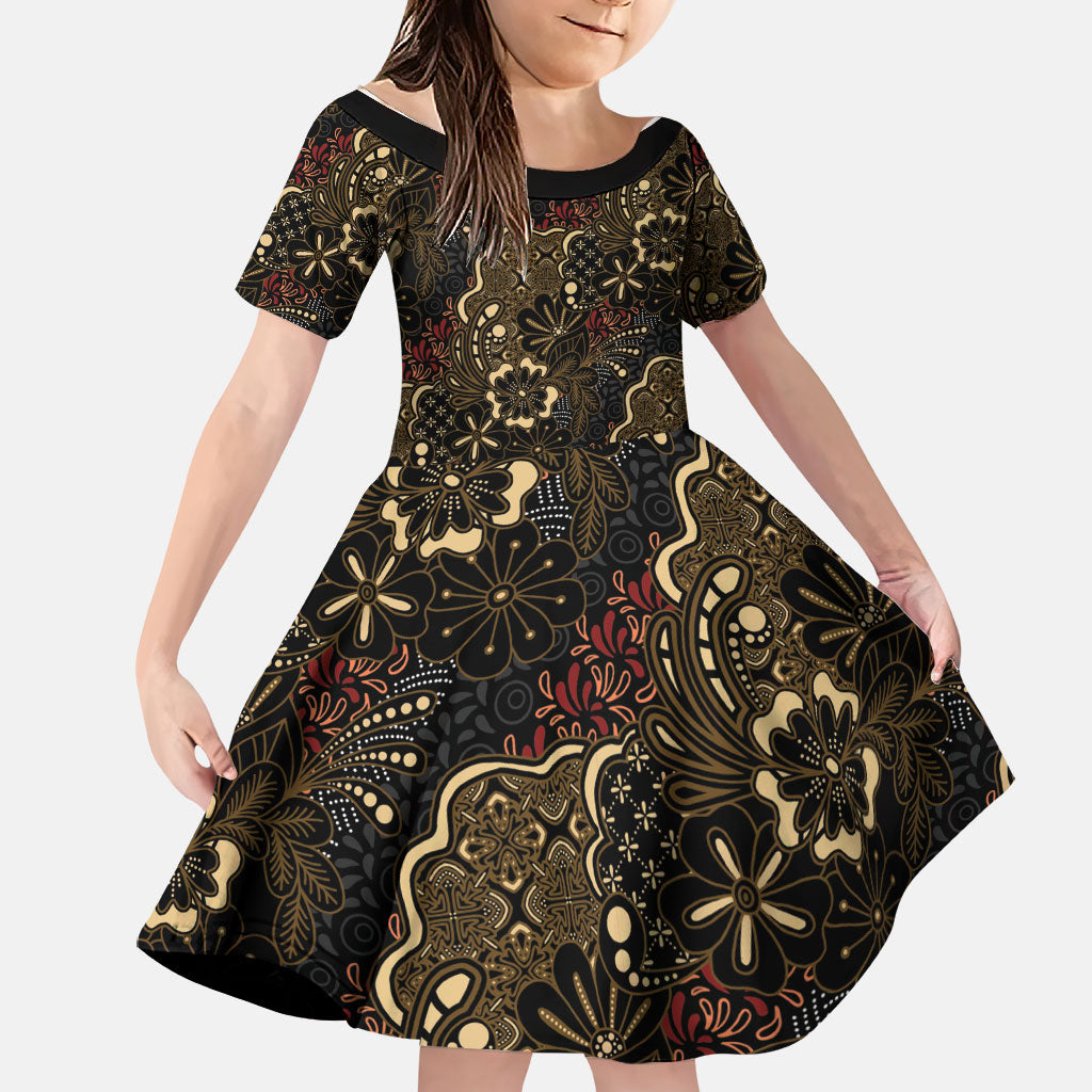 Batik Sekar Jagad Family Matching Tank Maxi Dress and Hawaiian Shirt Indonesian Traditional Pattern LT01 Daughter's Dress Black - Polynesian Pride