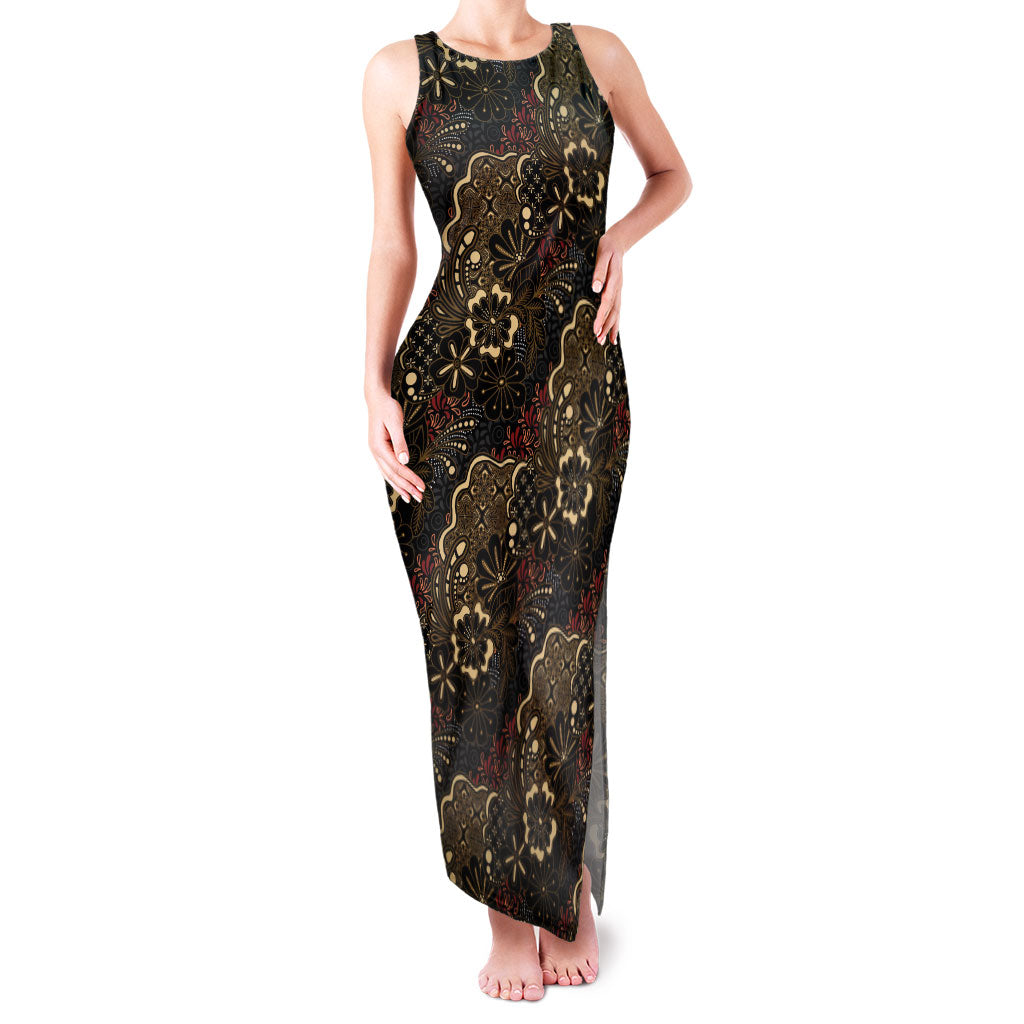 Batik Sekar Jagad Family Matching Tank Maxi Dress and Hawaiian Shirt Indonesian Traditional Pattern LT01 Mom's Dress Black - Polynesian Pride