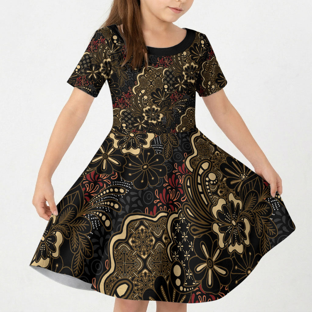 Batik Sekar Jagad Kid Short Sleeve Dress Indonesian Traditional Pattern LT01 KID Black - Polynesian Pride