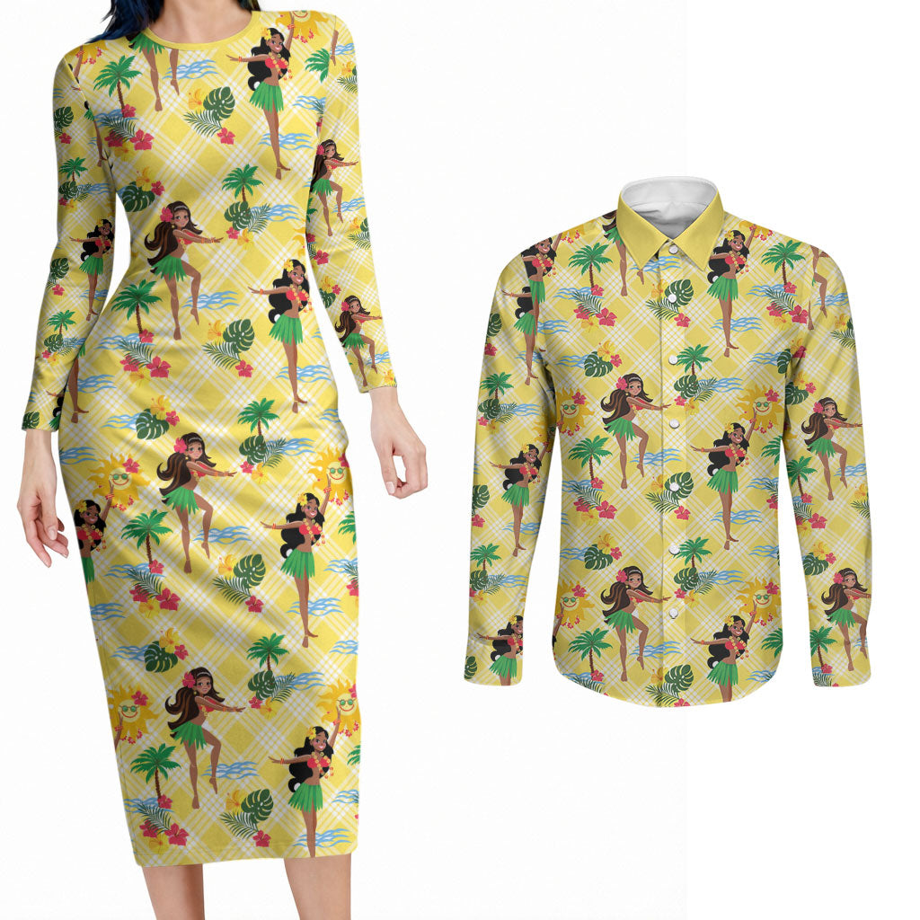 Hawaii Hula Girl Tropical Couples Matching Long Sleeve Bodycon Dress and Long Sleeve Button Shirt Yellow Palaka LT01 Yellow - Polynesian Pride