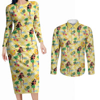 Hawaii Hula Girl Tropical Couples Matching Long Sleeve Bodycon Dress and Long Sleeve Button Shirt Yellow Palaka LT01 Yellow - Polynesian Pride