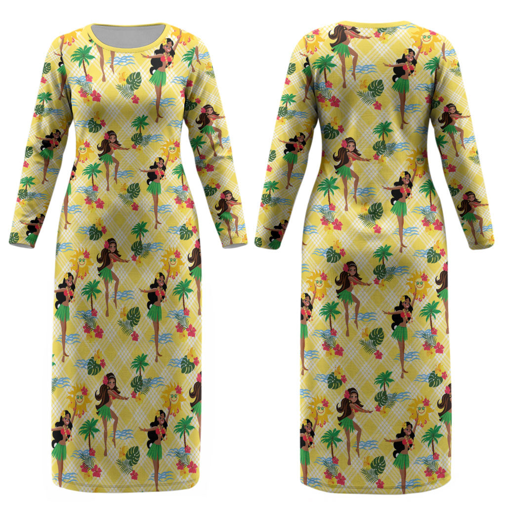 Hawaii Hula Girl Tropical Couples Matching Long Sleeve Bodycon Dress and Long Sleeve Button Shirt Yellow Palaka LT01 - Polynesian Pride