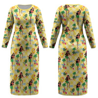 Hawaii Hula Girl Tropical Couples Matching Long Sleeve Bodycon Dress and Long Sleeve Button Shirt Yellow Palaka LT01 - Polynesian Pride