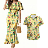 Hawaii Hula Girl Tropical Couples Matching Mermaid Dress and Hawaiian Shirt Yellow Palaka LT01 Yellow - Polynesian Pride