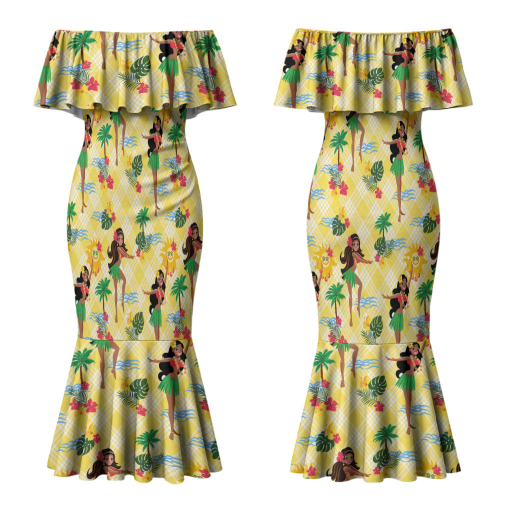 Hawaii Hula Girl Tropical Couples Matching Mermaid Dress and Hawaiian Shirt Yellow Palaka LT01 - Polynesian Pride