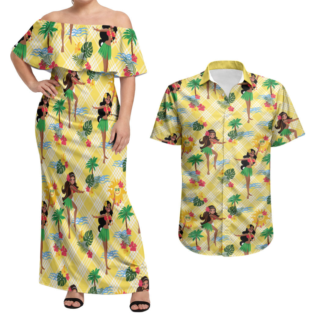 Hawaii Hula Girl Tropical Couples Matching Off Shoulder Maxi Dress and Hawaiian Shirt Yellow Palaka LT01 Yellow - Polynesian Pride
