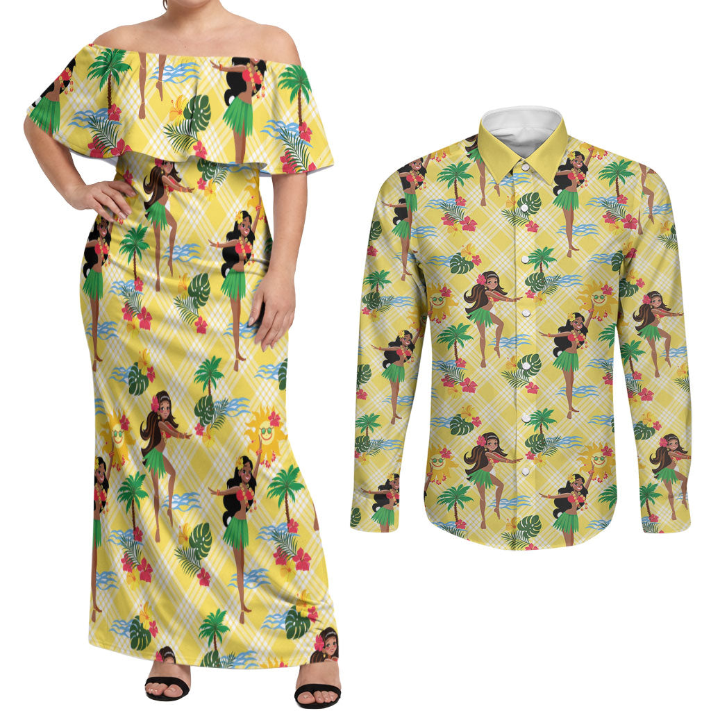 Hawaii Hula Girl Tropical Couples Matching Off Shoulder Maxi Dress and Long Sleeve Button Shirt Yellow Palaka LT01 Yellow - Polynesian Pride