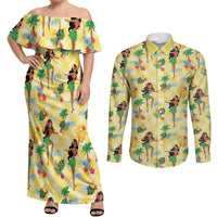 Hawaii Hula Girl Tropical Couples Matching Off Shoulder Maxi Dress and Long Sleeve Button Shirt Yellow Palaka LT01 Yellow - Polynesian Pride