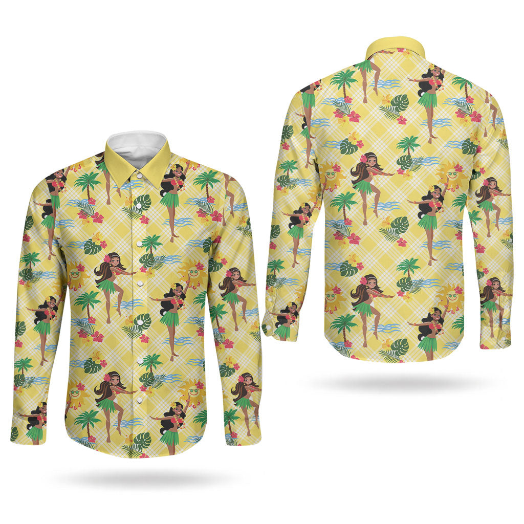 Hawaii Hula Girl Tropical Couples Matching Off Shoulder Maxi Dress and Long Sleeve Button Shirt Yellow Palaka LT01 - Polynesian Pride