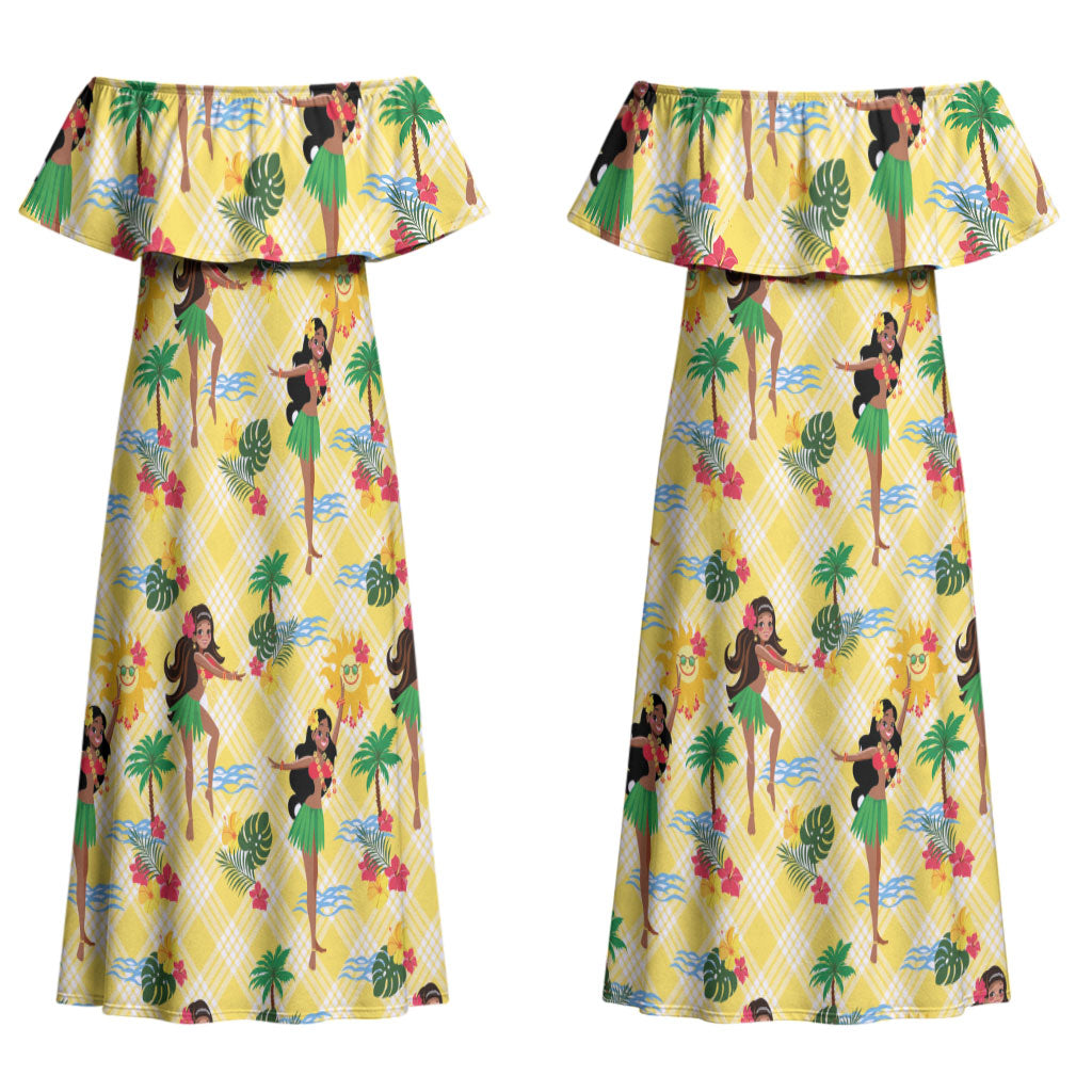 Hawaii Hula Girl Tropical Couples Matching Off Shoulder Maxi Dress and Long Sleeve Button Shirt Yellow Palaka LT01 - Polynesian Pride