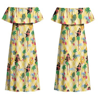 Hawaii Hula Girl Tropical Couples Matching Off Shoulder Maxi Dress and Long Sleeve Button Shirt Yellow Palaka LT01 - Polynesian Pride