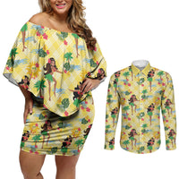 Hawaii Hula Girl Tropical Couples Matching Off Shoulder Short Dress and Long Sleeve Button Shirt Yellow Palaka LT01 Yellow - Polynesian Pride