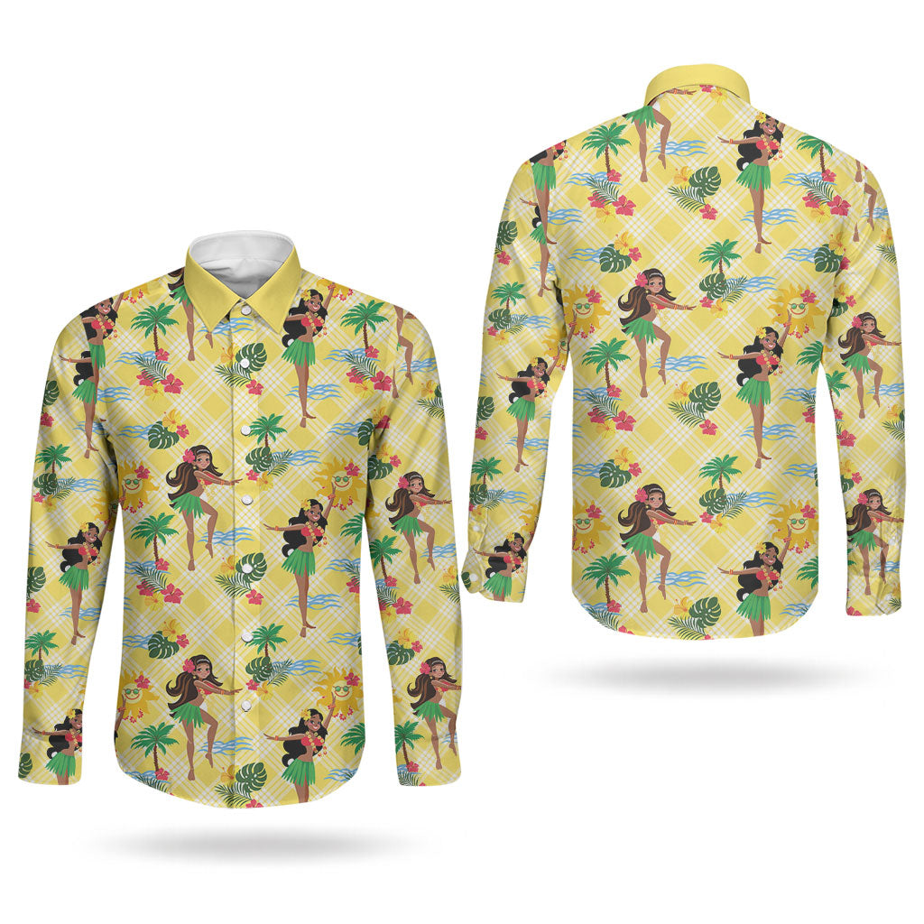 Hawaii Hula Girl Tropical Couples Matching Off Shoulder Short Dress and Long Sleeve Button Shirt Yellow Palaka LT01 - Polynesian Pride