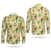 Hawaii Hula Girl Tropical Couples Matching Off Shoulder Short Dress and Long Sleeve Button Shirt Yellow Palaka LT01 - Polynesian Pride