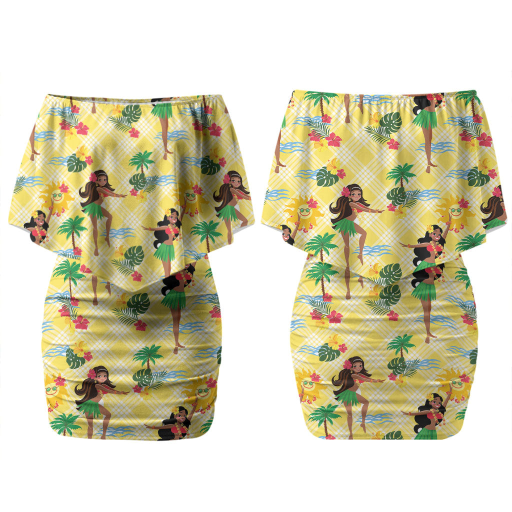 Hawaii Hula Girl Tropical Couples Matching Off Shoulder Short Dress and Long Sleeve Button Shirt Yellow Palaka LT01 - Polynesian Pride