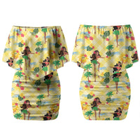 Hawaii Hula Girl Tropical Couples Matching Off Shoulder Short Dress and Long Sleeve Button Shirt Yellow Palaka LT01 - Polynesian Pride