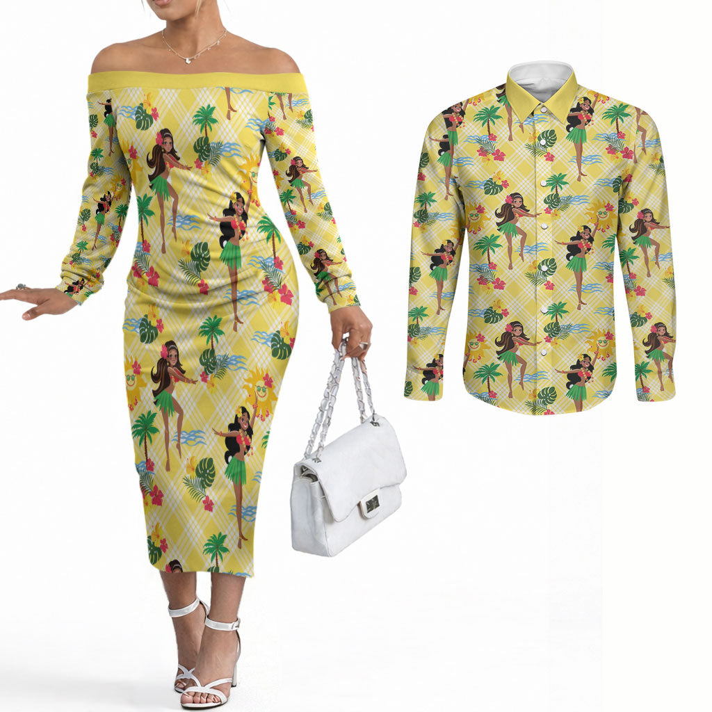 Hawaii Hula Girl Tropical Couples Matching Off The Shoulder Long Sleeve Dress and Long Sleeve Button Shirt Yellow Palaka LT01 Yellow - Polynesian Pride