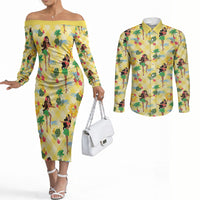Hawaii Hula Girl Tropical Couples Matching Off The Shoulder Long Sleeve Dress and Long Sleeve Button Shirt Yellow Palaka LT01 Yellow - Polynesian Pride