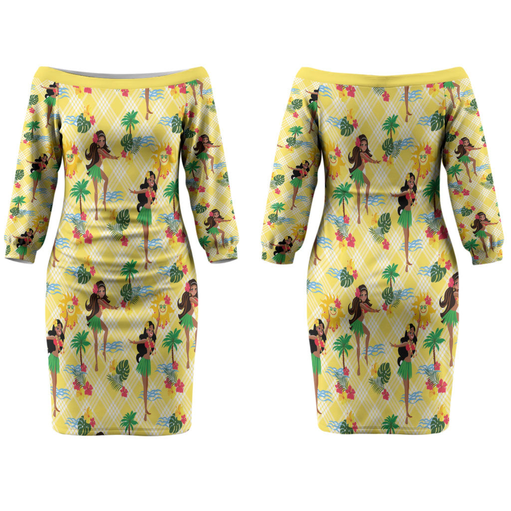 Hawaii Hula Girl Tropical Couples Matching Off The Shoulder Long Sleeve Dress and Long Sleeve Button Shirt Yellow Palaka LT01 - Polynesian Pride