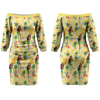 Hawaii Hula Girl Tropical Couples Matching Off The Shoulder Long Sleeve Dress and Long Sleeve Button Shirt Yellow Palaka LT01 - Polynesian Pride
