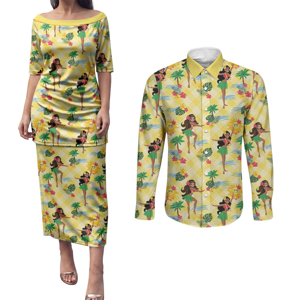 Hawaii Hula Girl Tropical Couples Matching Puletasi and Long Sleeve Button Shirt Yellow Palaka LT01 Yellow - Polynesian Pride