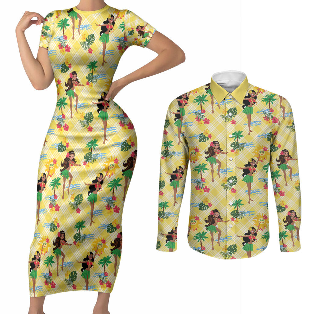 Hawaii Hula Girl Tropical Couples Matching Short Sleeve Bodycon Dress and Long Sleeve Button Shirt Yellow Palaka LT01 Yellow - Polynesian Pride