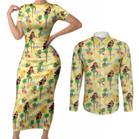 Hawaii Hula Girl Tropical Couples Matching Short Sleeve Bodycon Dress and Long Sleeve Button Shirt Yellow Palaka LT01 Yellow - Polynesian Pride