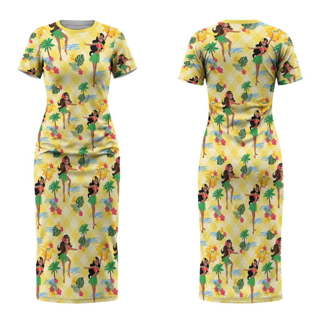Hawaii Hula Girl Tropical Couples Matching Short Sleeve Bodycon Dress and Long Sleeve Button Shirt Yellow Palaka LT01 - Polynesian Pride