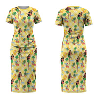 Hawaii Hula Girl Tropical Couples Matching Short Sleeve Bodycon Dress and Long Sleeve Button Shirt Yellow Palaka LT01 - Polynesian Pride